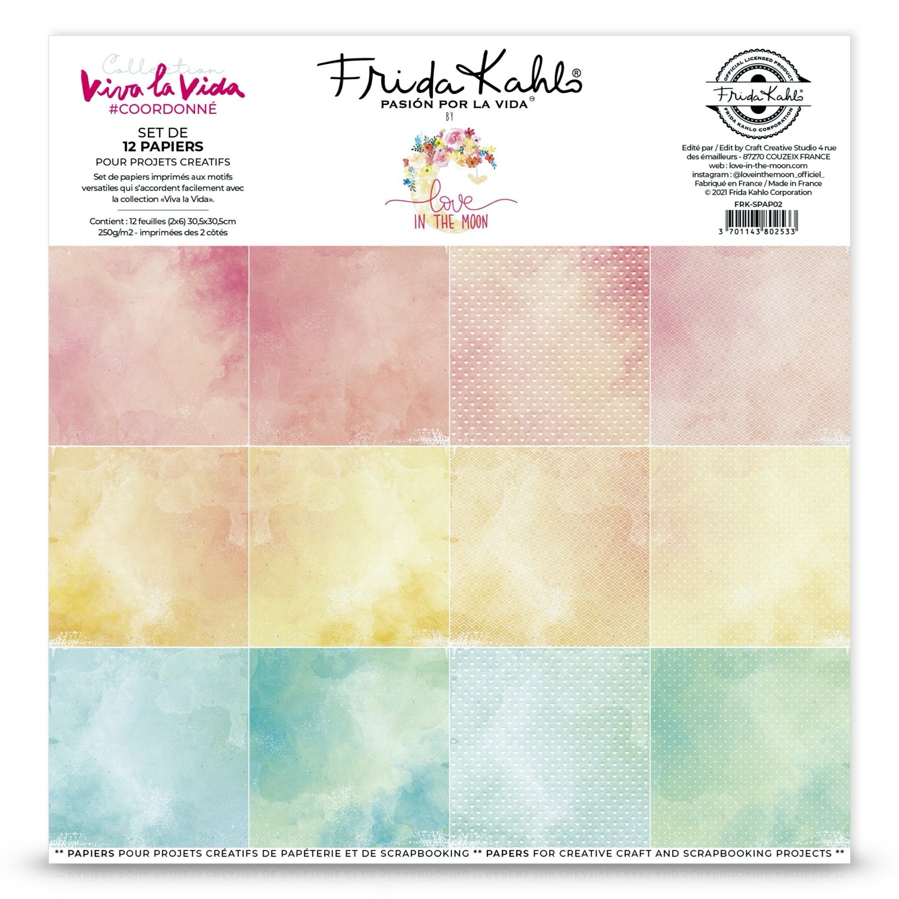 Set de 12 papiers collection Frida Kahlo® coordonnés Viva la Vida -scrapbooking