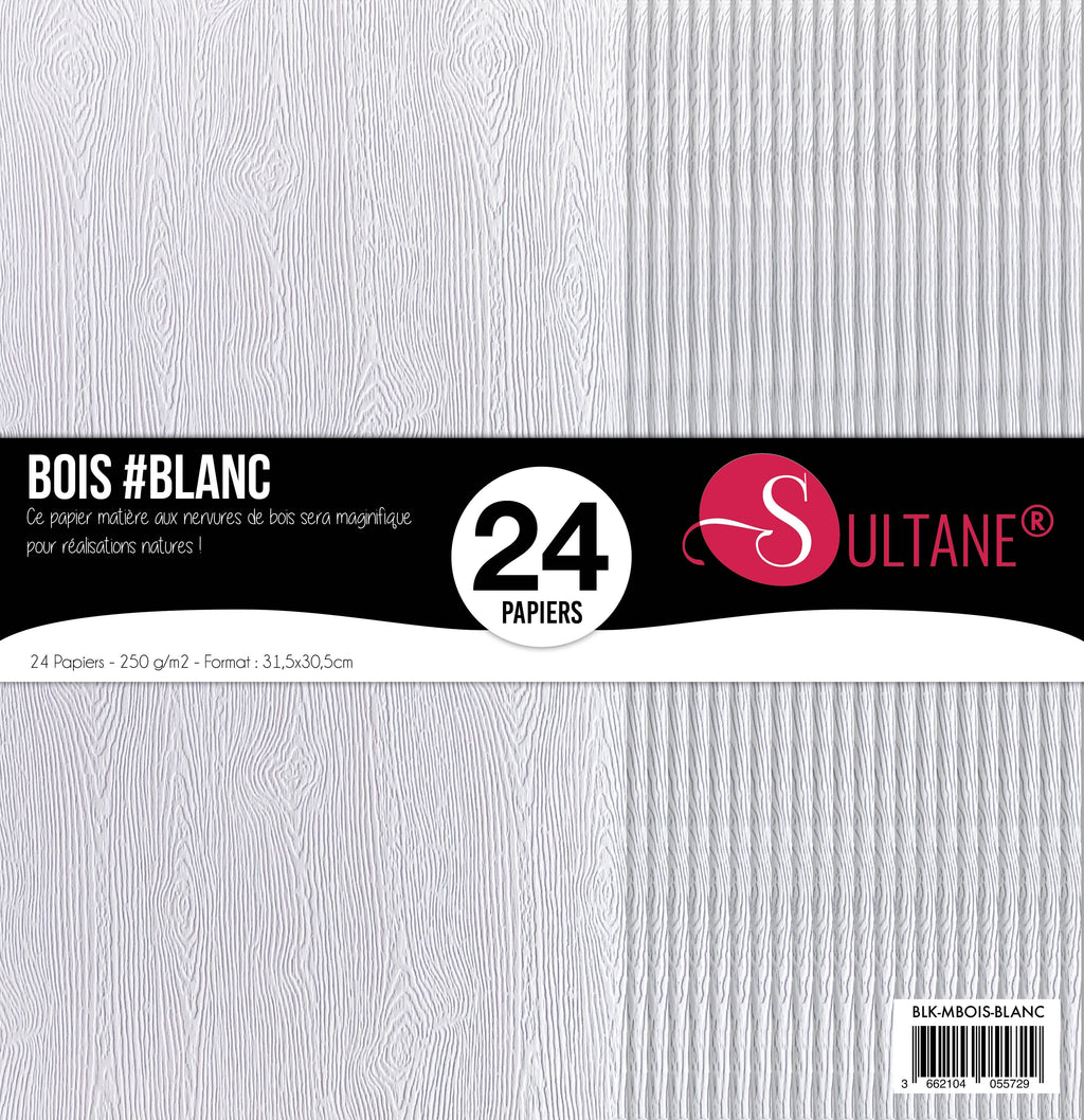 Bloc de 24 papiers Sultane -Texture bois Blanc - 300g/m2