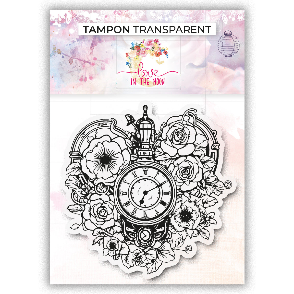 Tampon - Le coeur à son horloge fleurie - 10x10cm