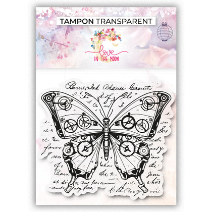 Tampon - Papillon à engrenages sur fond texte - 10x10cm