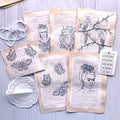 Pages de vieux livres avec gesso et motifs collection Frida Kahlo tamponnées, prêtes à coloriser + stickers dorés 5 expressions