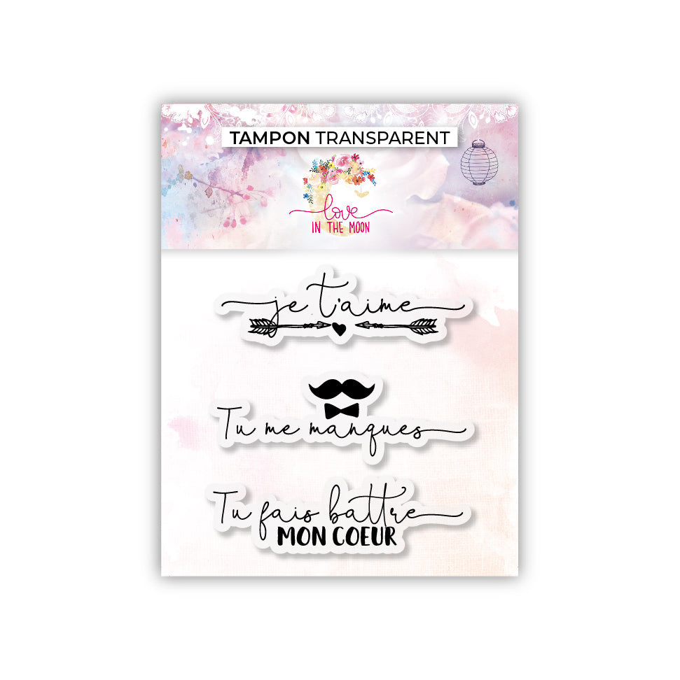 Set de 3 tampons- Je t'aime, tu me manques - 6,5x7cm
