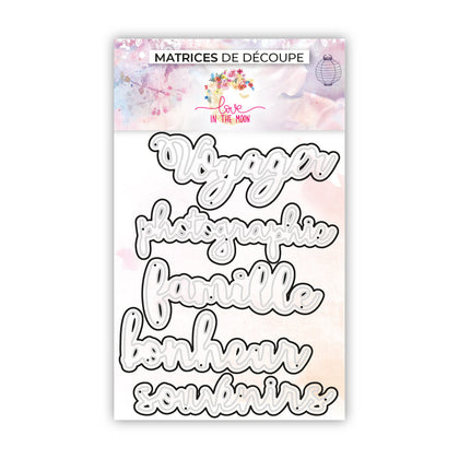 Set de 5 matrices mots - Voyages, photos, famille, bonheur, souvenir - 7.5x10cm