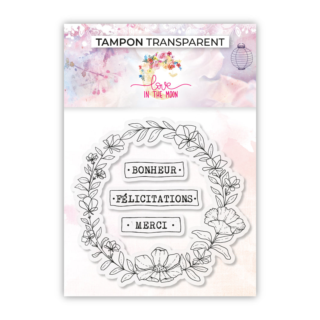 Set de 4 tampons - Merci, bonheur, félicitations - 10x10cm