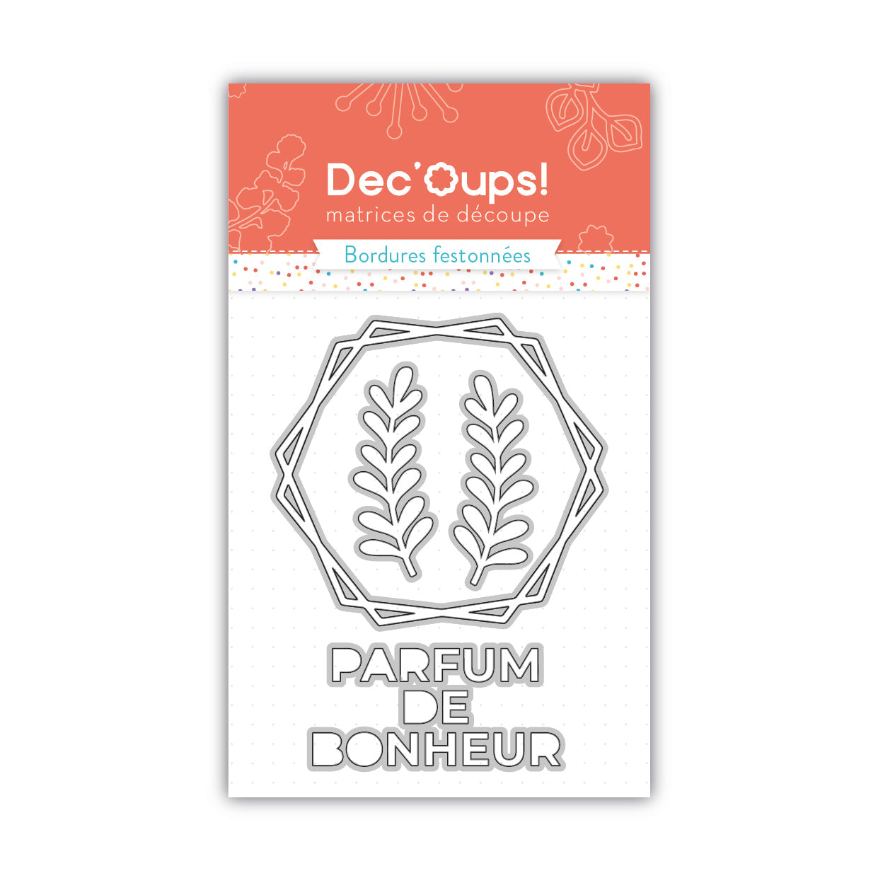 Matrices de découpe cadre double hexagones, herbes folles et expression parfum de bonheur - 7,5x10cm