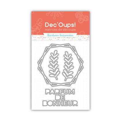 Matrices de découpe cadre double hexagones, herbes folles et expression parfum de bonheur - 7,5x10cm