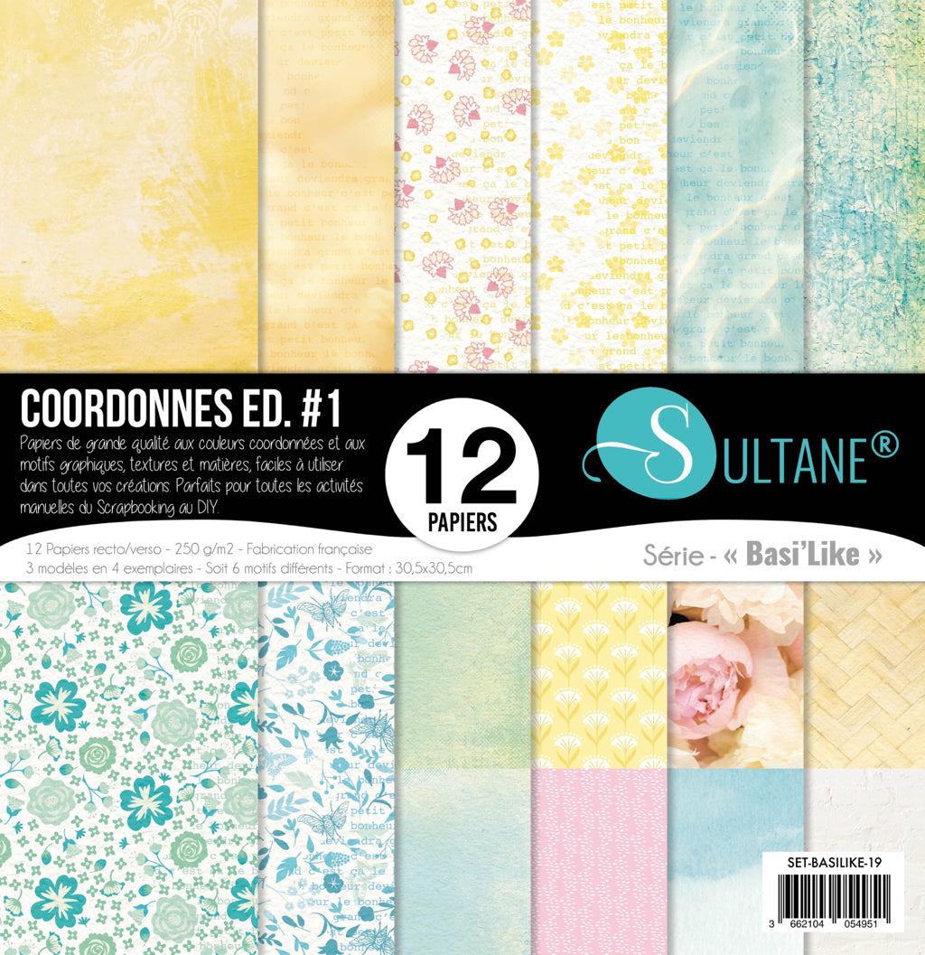 Set 12 papiers scrapbooking - Coordonnés printemps - 250g/m2