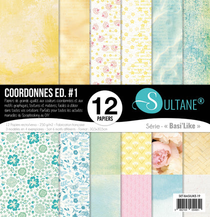 Set 12 papiers scrapbooking - Coordonnés printemps - 250g/m2