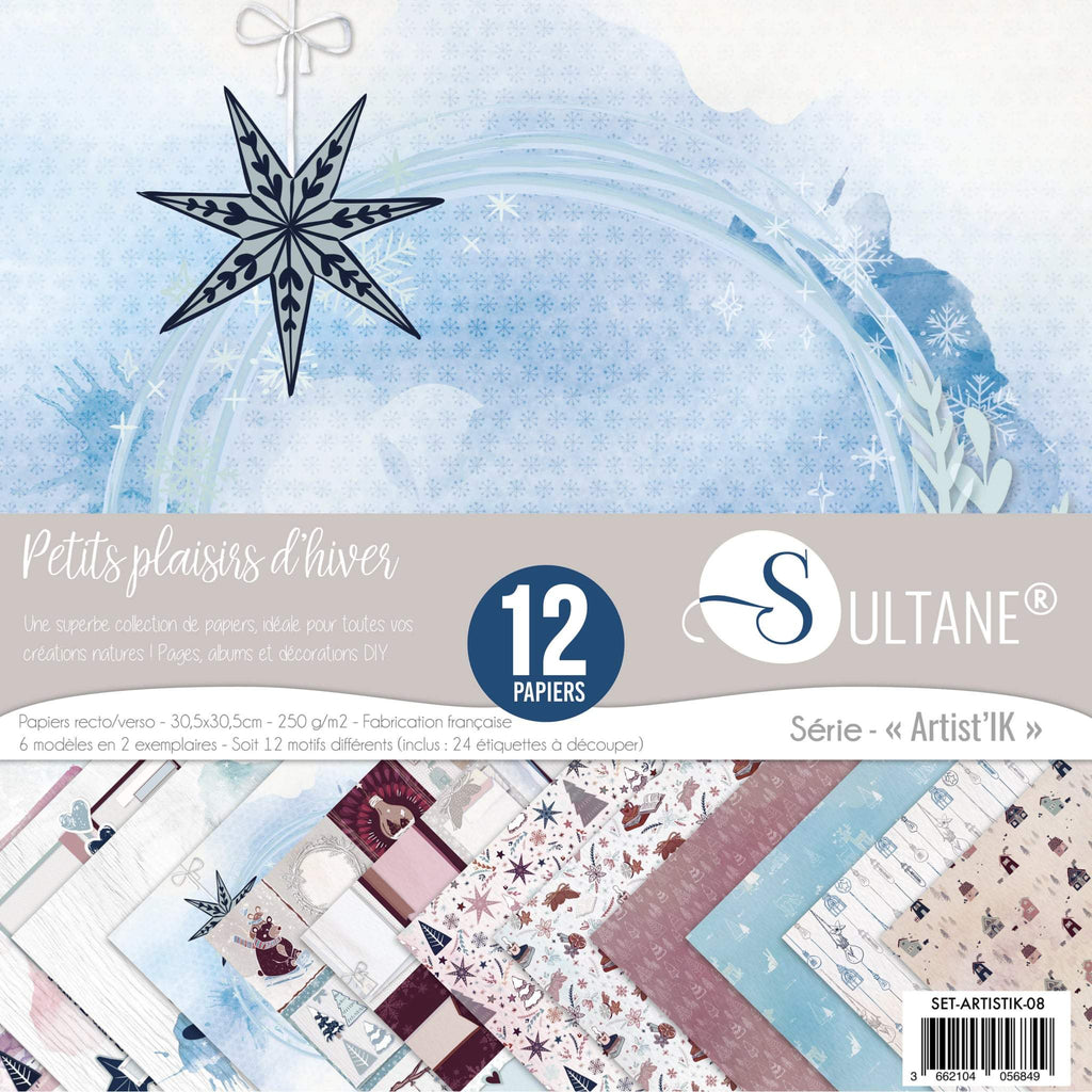 Set de 12 papiers Sultane R/V 30,5x30,5 cm - 250 g/m2 - Petits Plaisirs d'Hiver