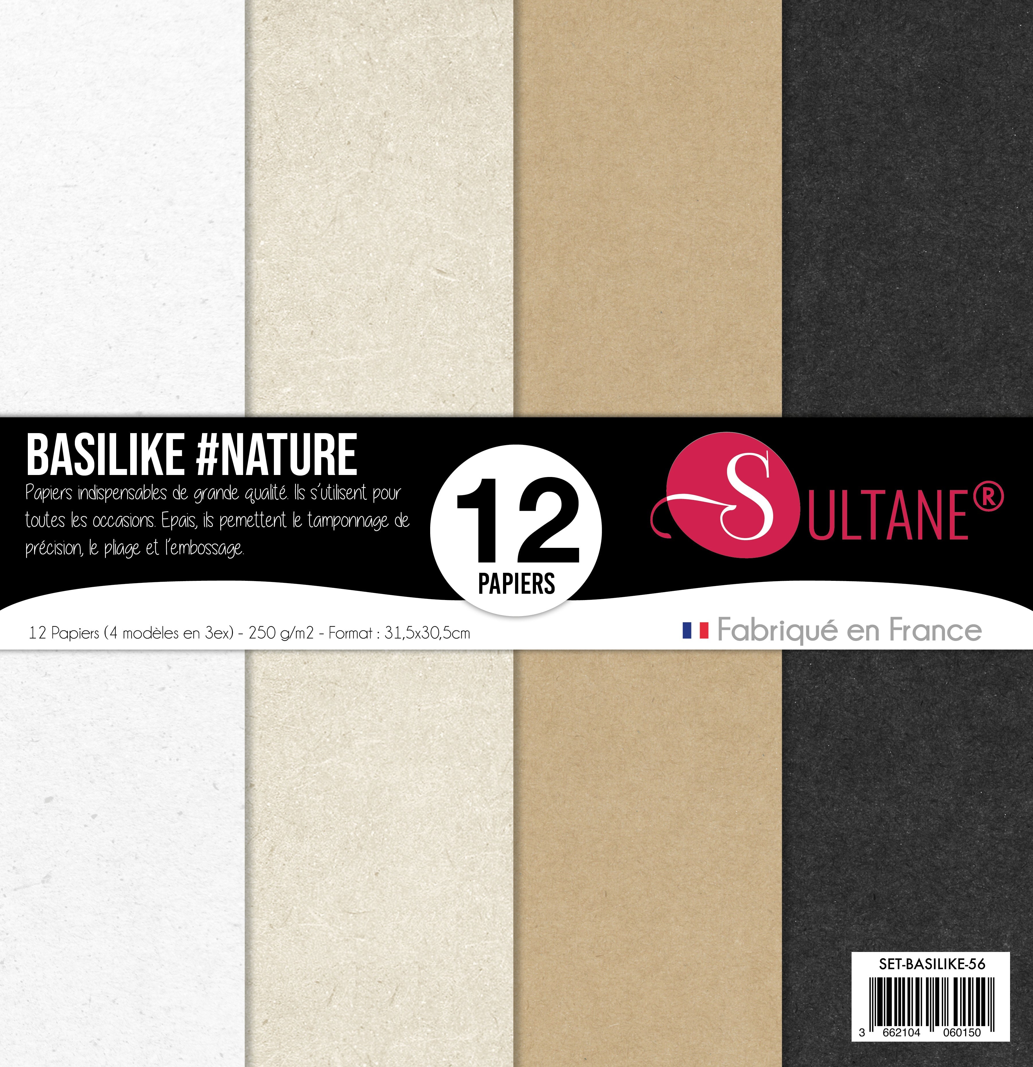 Set de 12 papiers Sultane Authentik Nature - 4 couleurs (Blanc / Sable / Chocolat / Noir)