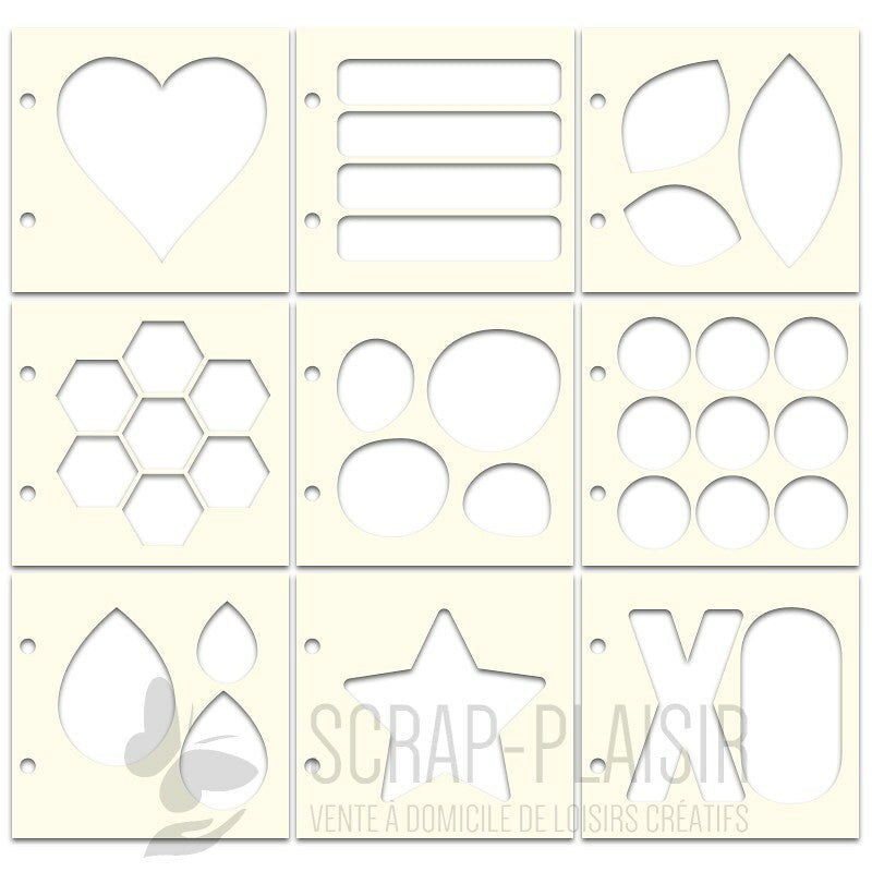 Lots de 9 pochoirs géométriques - 10 x 10cm