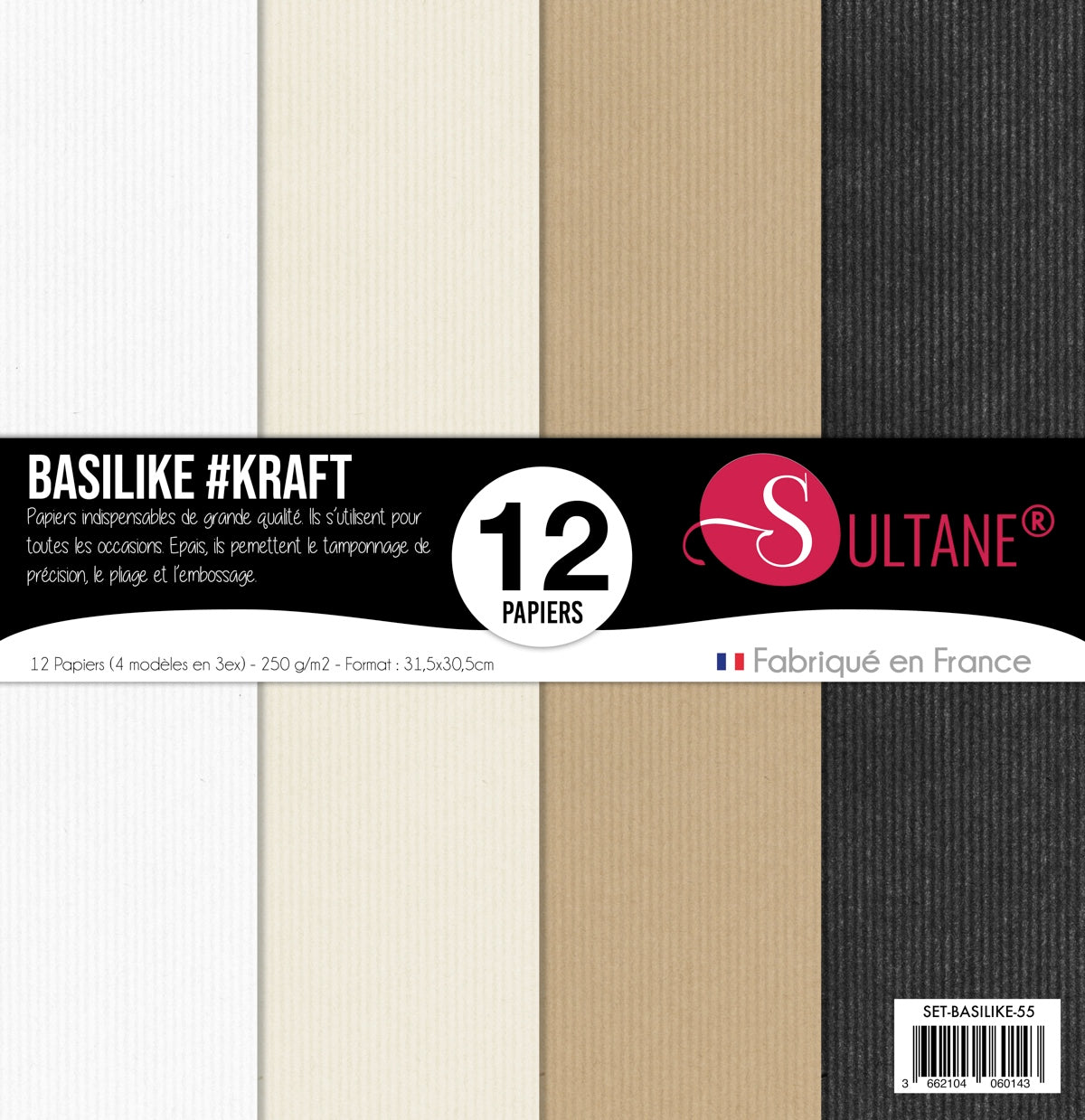 Set de 12 papiers Sultane Authentik Kraft - 4 couleurs (Blanc / Sable / Chocolat / Noir)