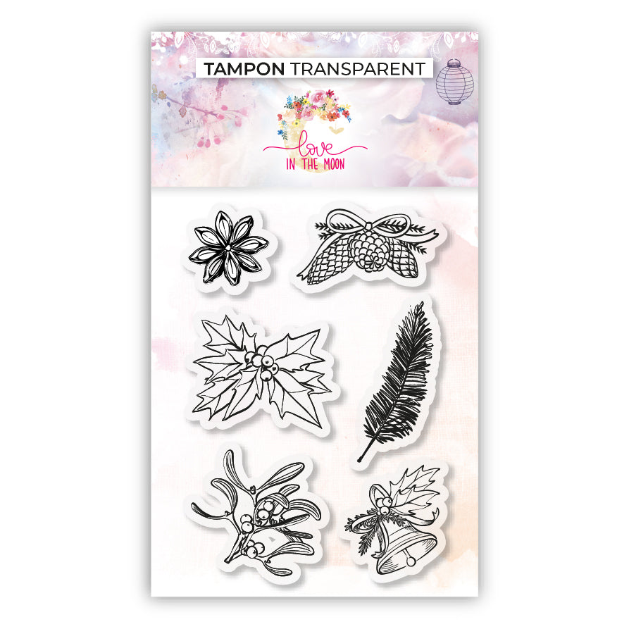 6 tampons - Cloches, Houx, Pomme de pain - La nature à Noël