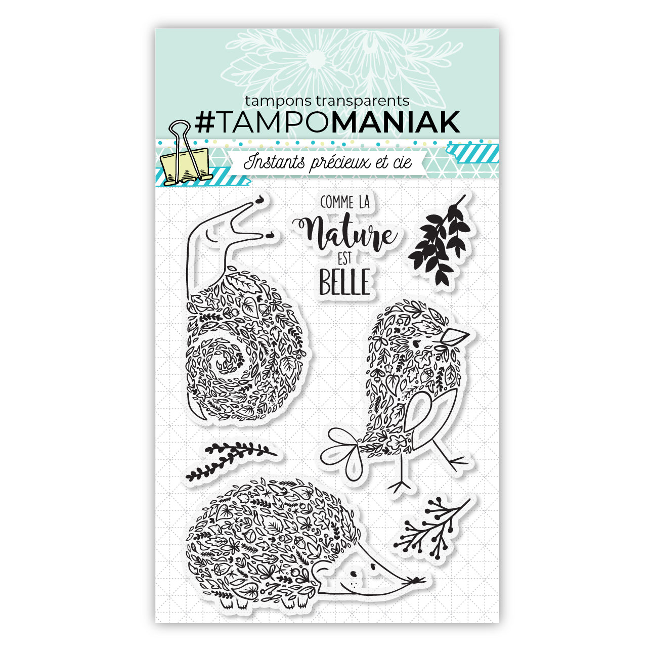 Tampons nature, escargot, hérisson, oiseaux - 10x15cm