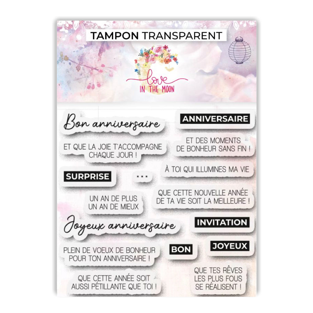 Set de 16 tampons - Anniversaire, surprise, invitation - 10x10cm